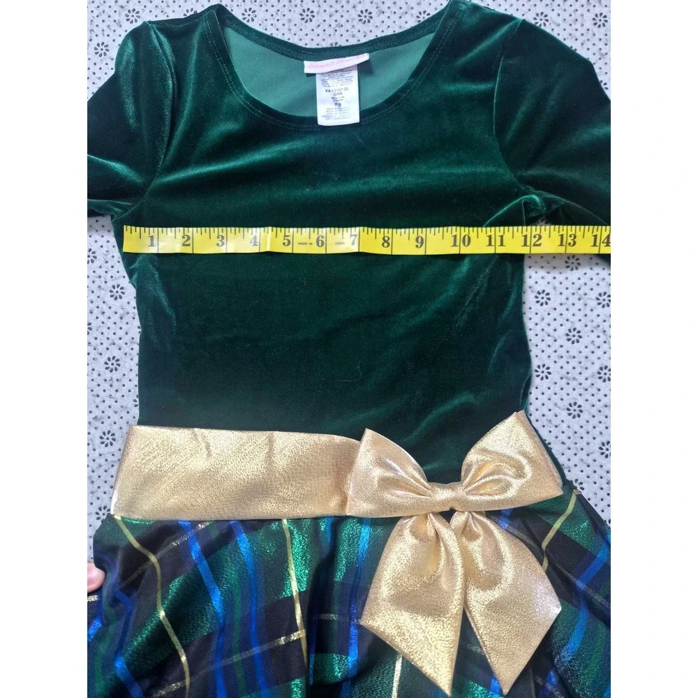 NWT Bonnie Jean Girls Green‎ Velvet Metallic Plaid Holiday Dress Gold Bow Size 8